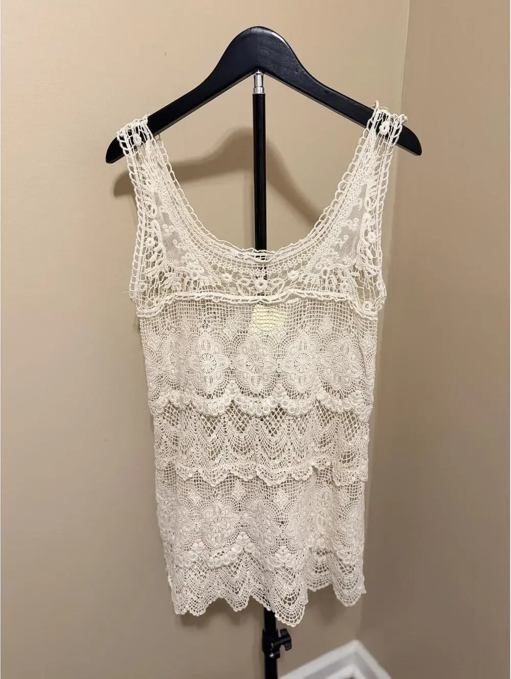 Solitaire 100% Cotton Crochet Lace Tank Top Medium Cream Boho Festival